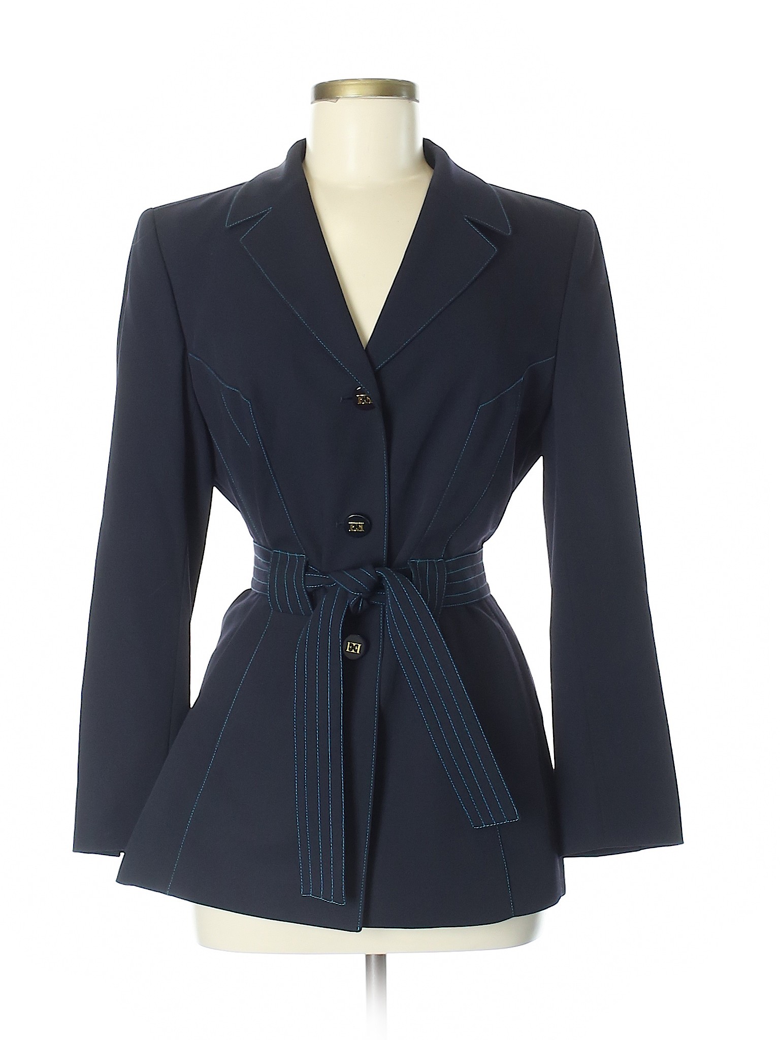 Escada By Margaretha Ley Wool Solid Blue Navy Blue Wool Coat Size