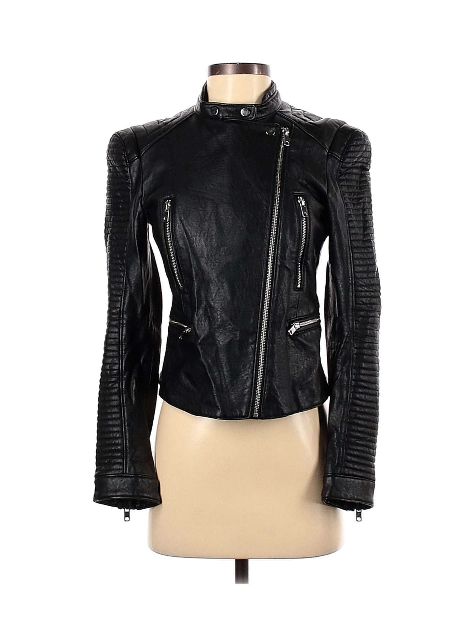 Zara Basic Polyurethane Solid Black Faux Leather Jacket Size Xs