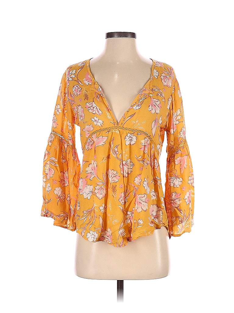 Amuse Society Rayon Floral Yellow Long Sleeve Blouse Size Xs