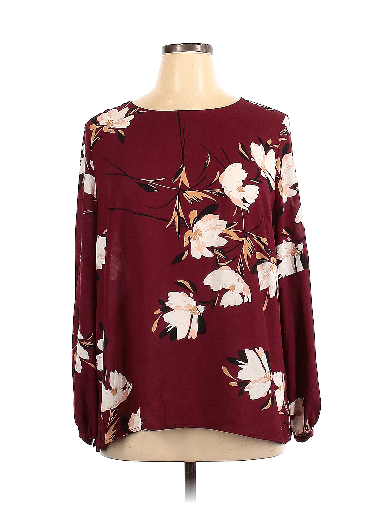 Liz Claiborne Polyester Floral Burgundy Long Sleeve Blouse Size Xl