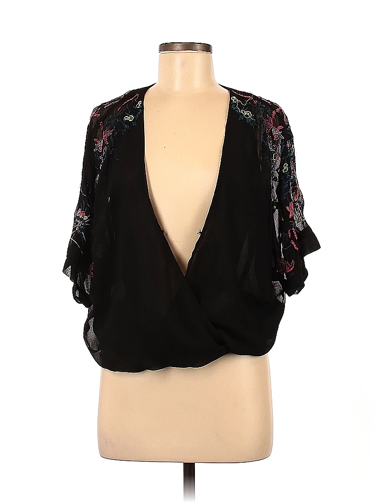 Trafaluc By Zara Polyester Solid Black Short Sleeve Blouse Size M