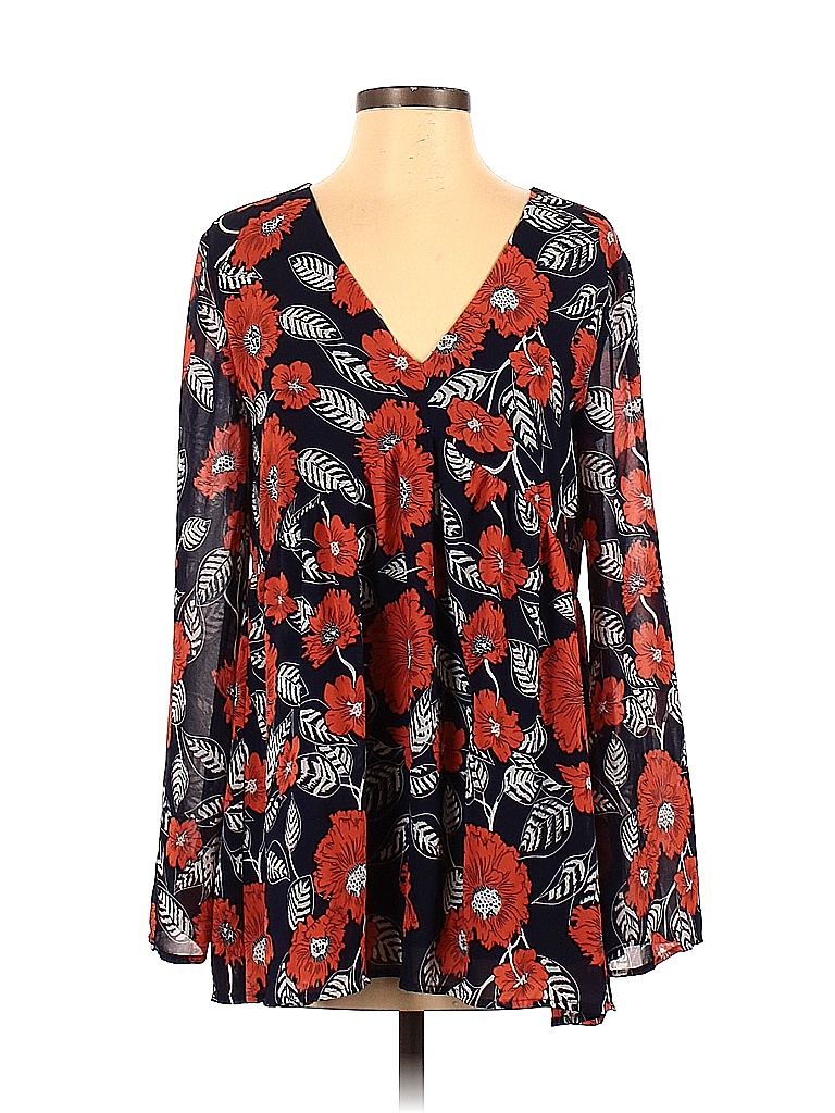 Suzanne Betro 100 Polyester Floral Blue Long Sleeve Blouse Size S 80