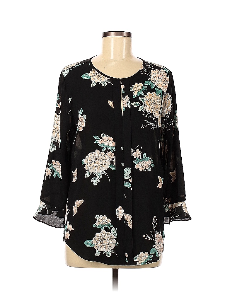 Van Heusen 100 Polyester Floral Black Long Sleeve Blouse Size M 81