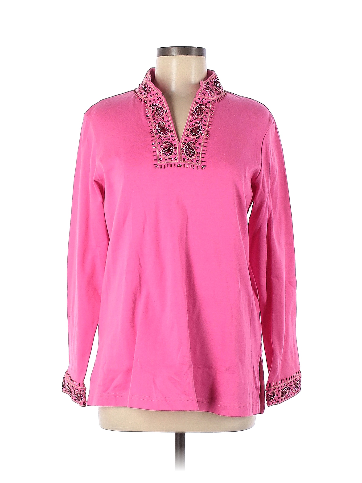 Quacker Factory 100 Cotton Solid Colored Pink Long Sleeve Top Size M