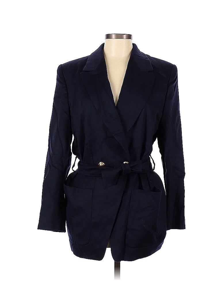 Escada By Margaretha Ley Solid Navy Blue Wool Blazer Size Eu