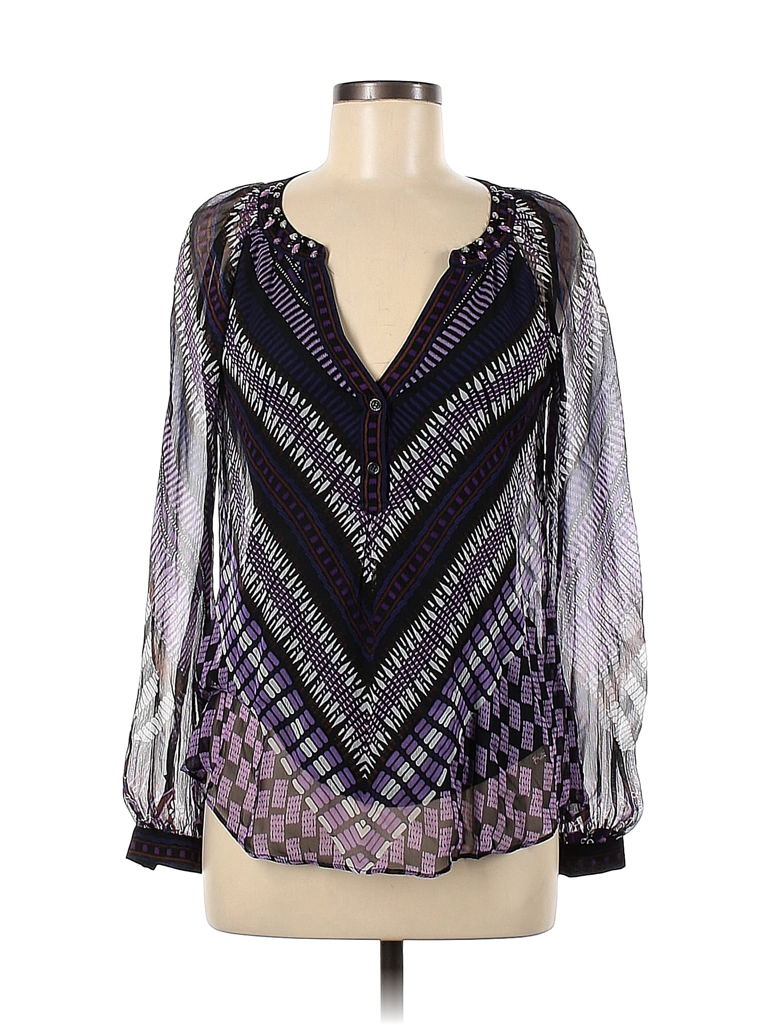 Hale Bob Chevron Herringbone Chevron Purple Long Sleeve Blouse Size XS