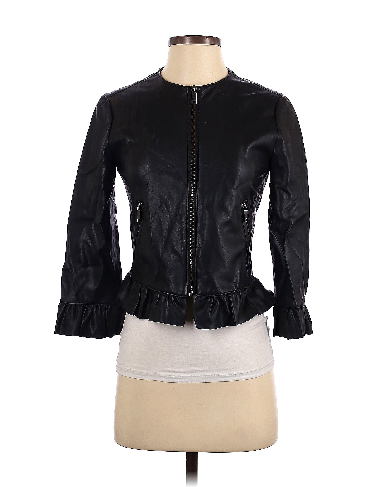 Zara Basic Polyurethane Black Faux Leather Jacket Size S Off