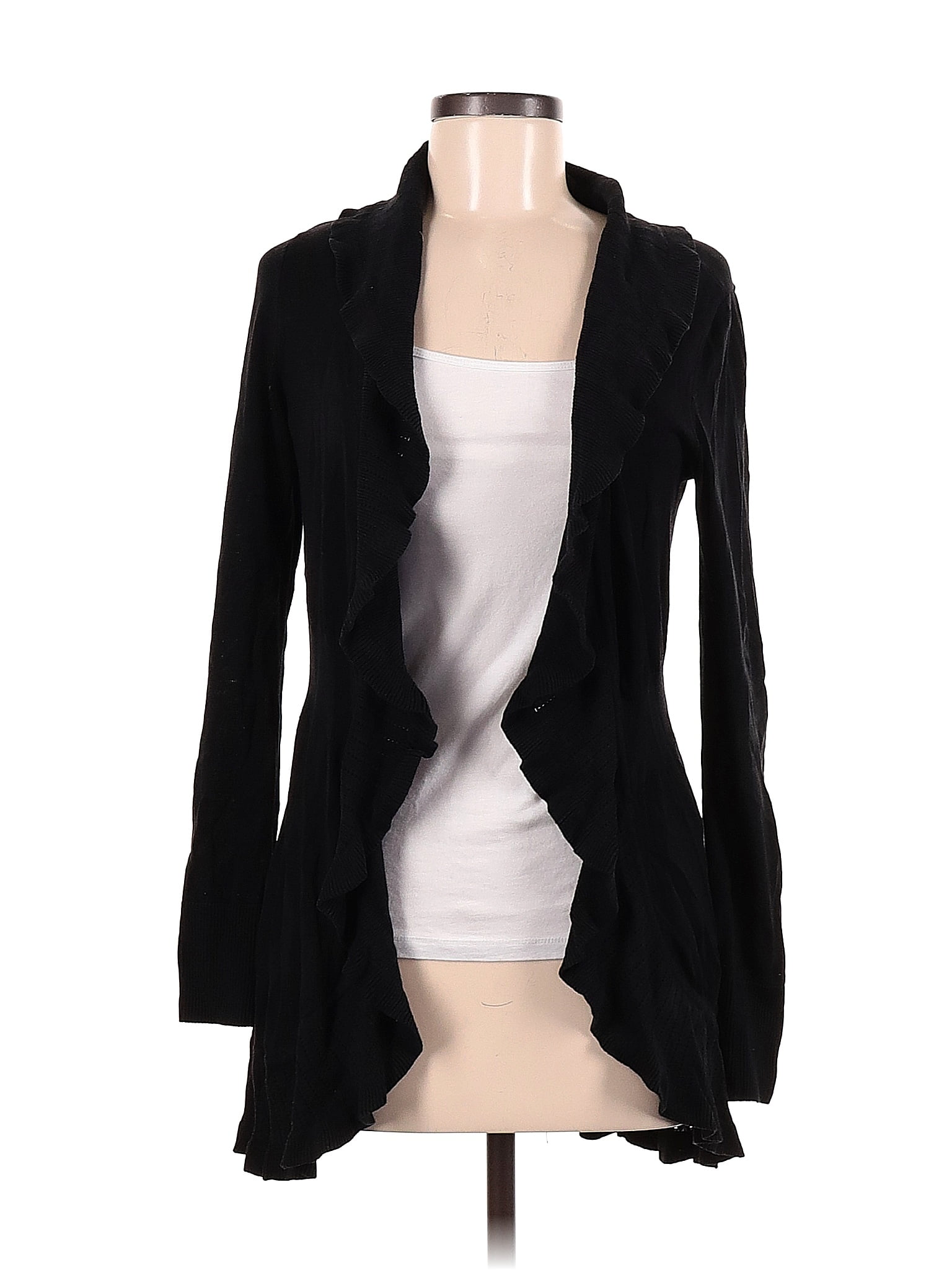 White House Black Market Color Block Solid Black Silk Cardigan Size M