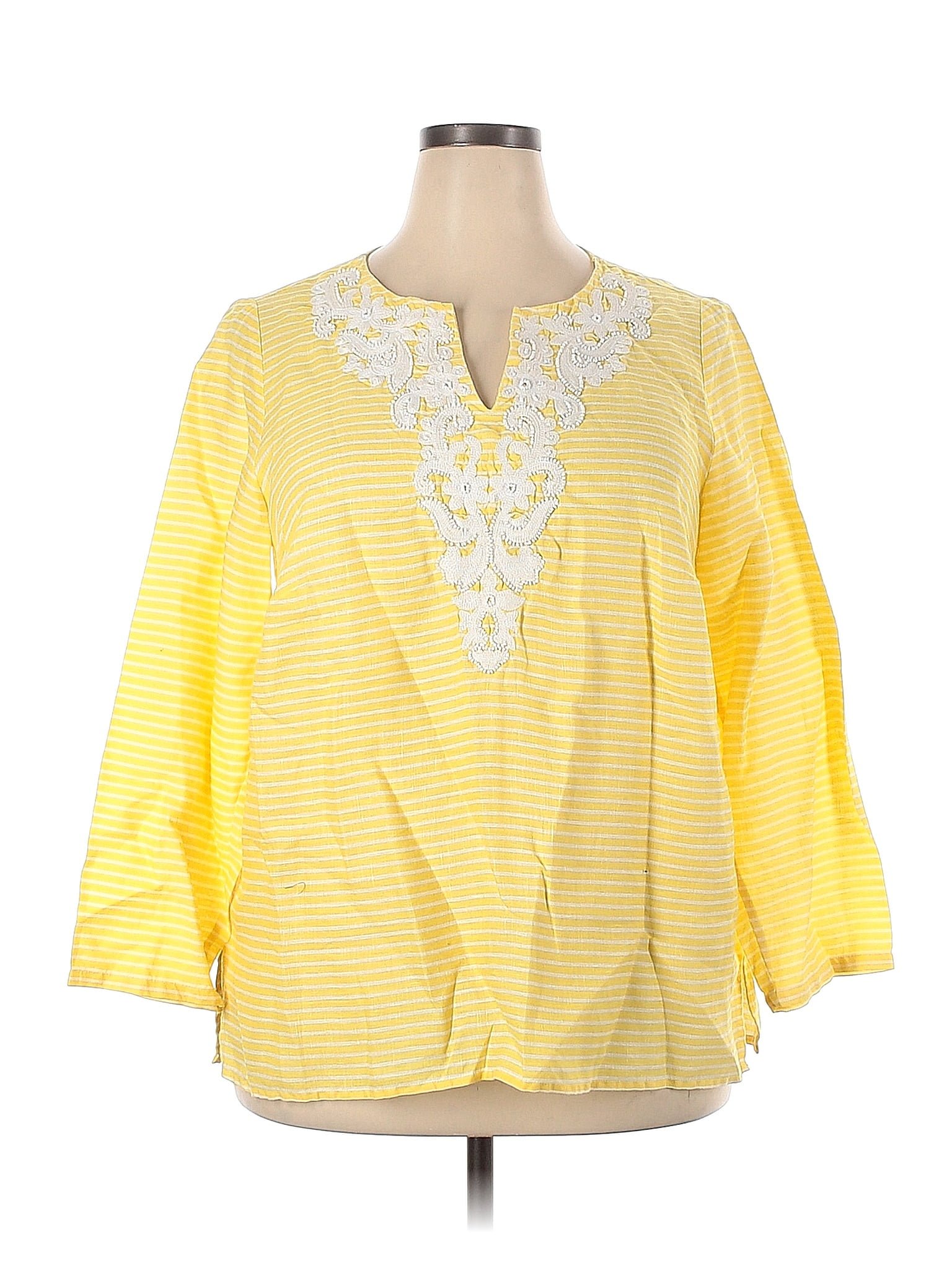 Talbots 100 Linen Floral Yellow Long Sleeve Blouse Size 1X Plus 61