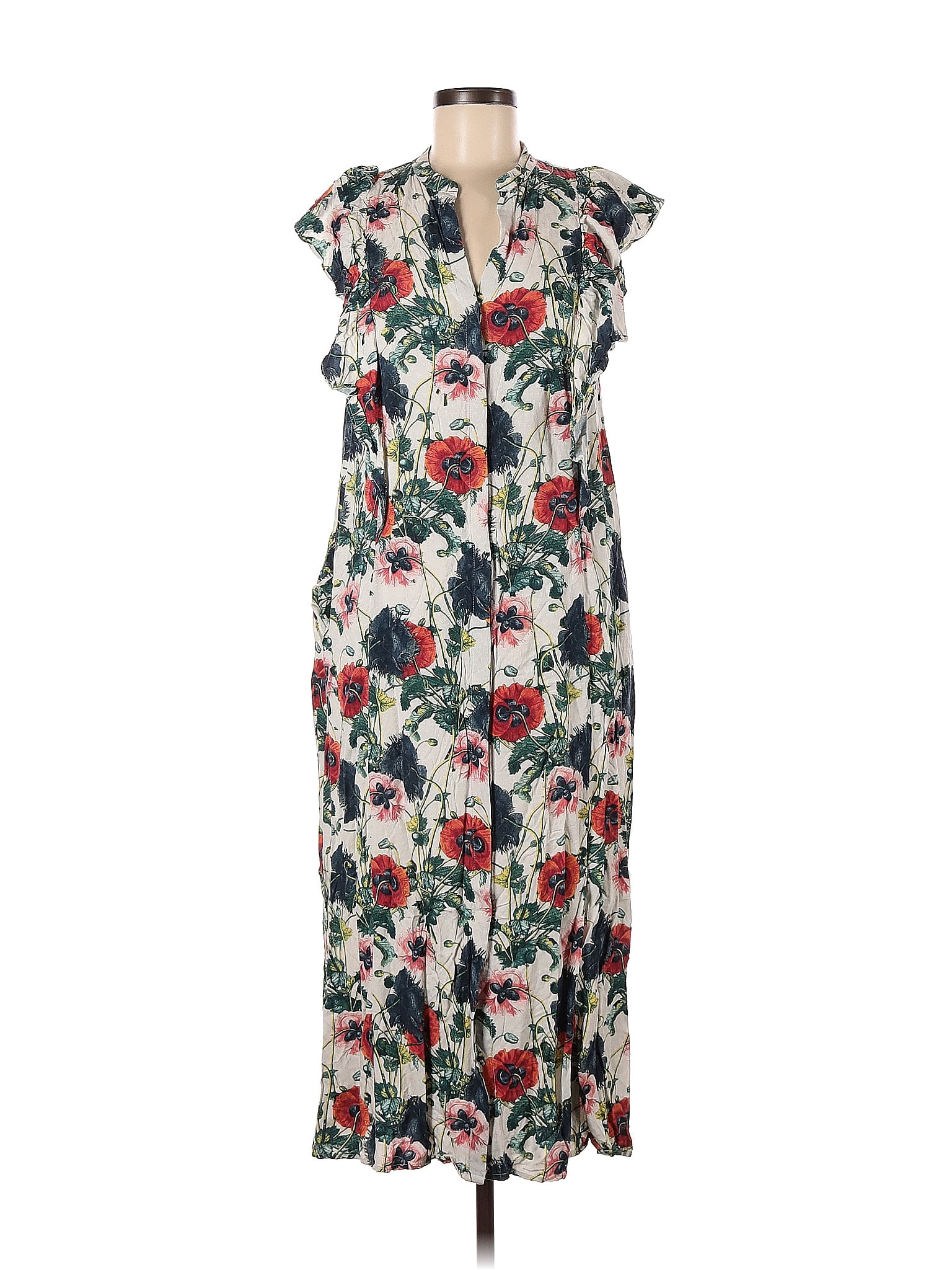 H M Viscose Floral Multi Color Ivory Casual Dress Size Off