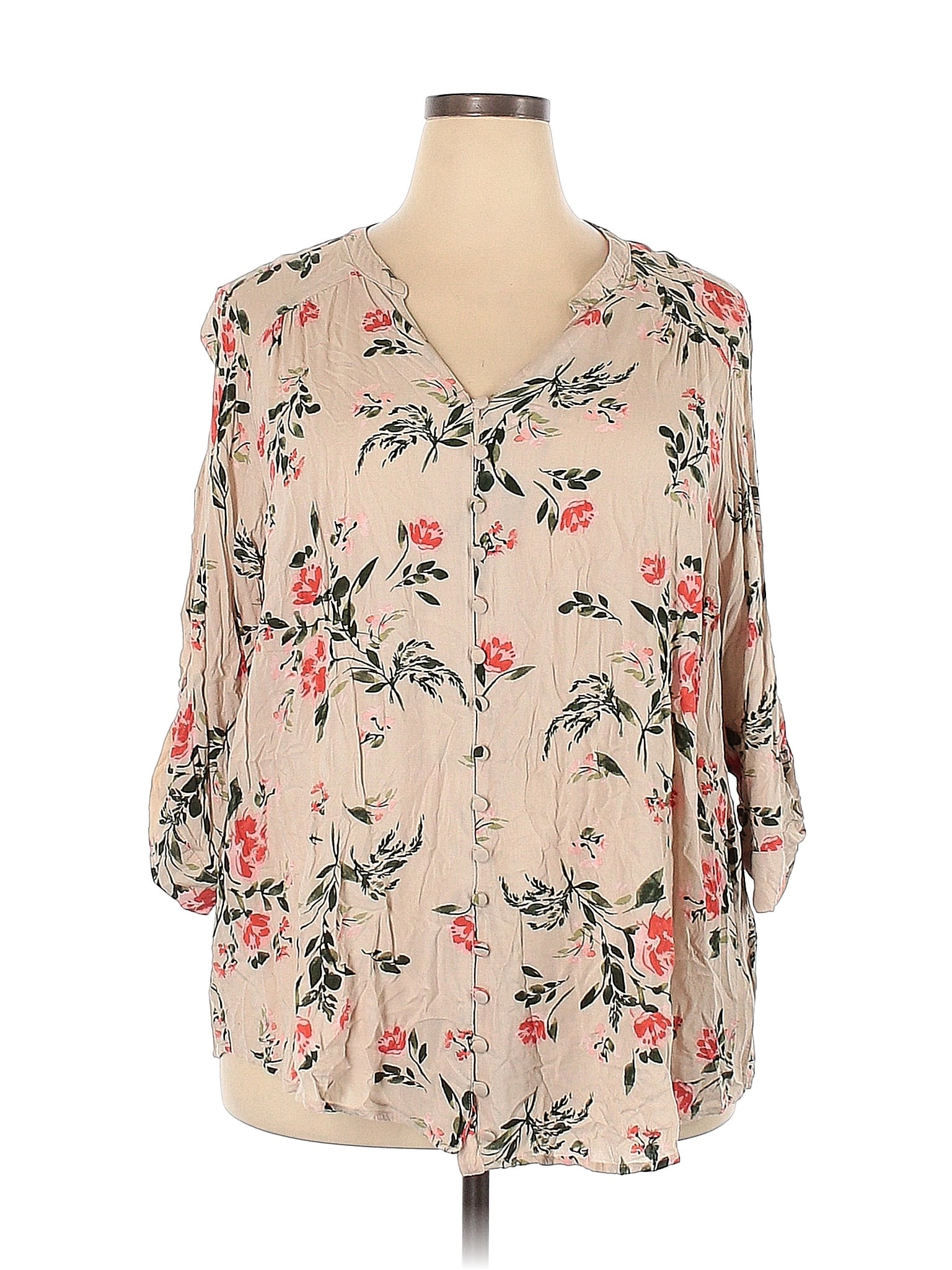 Torrid 100 Rayon Floral Tan 3 4 Sleeve Blouse Size 4X Plus 4 Plus