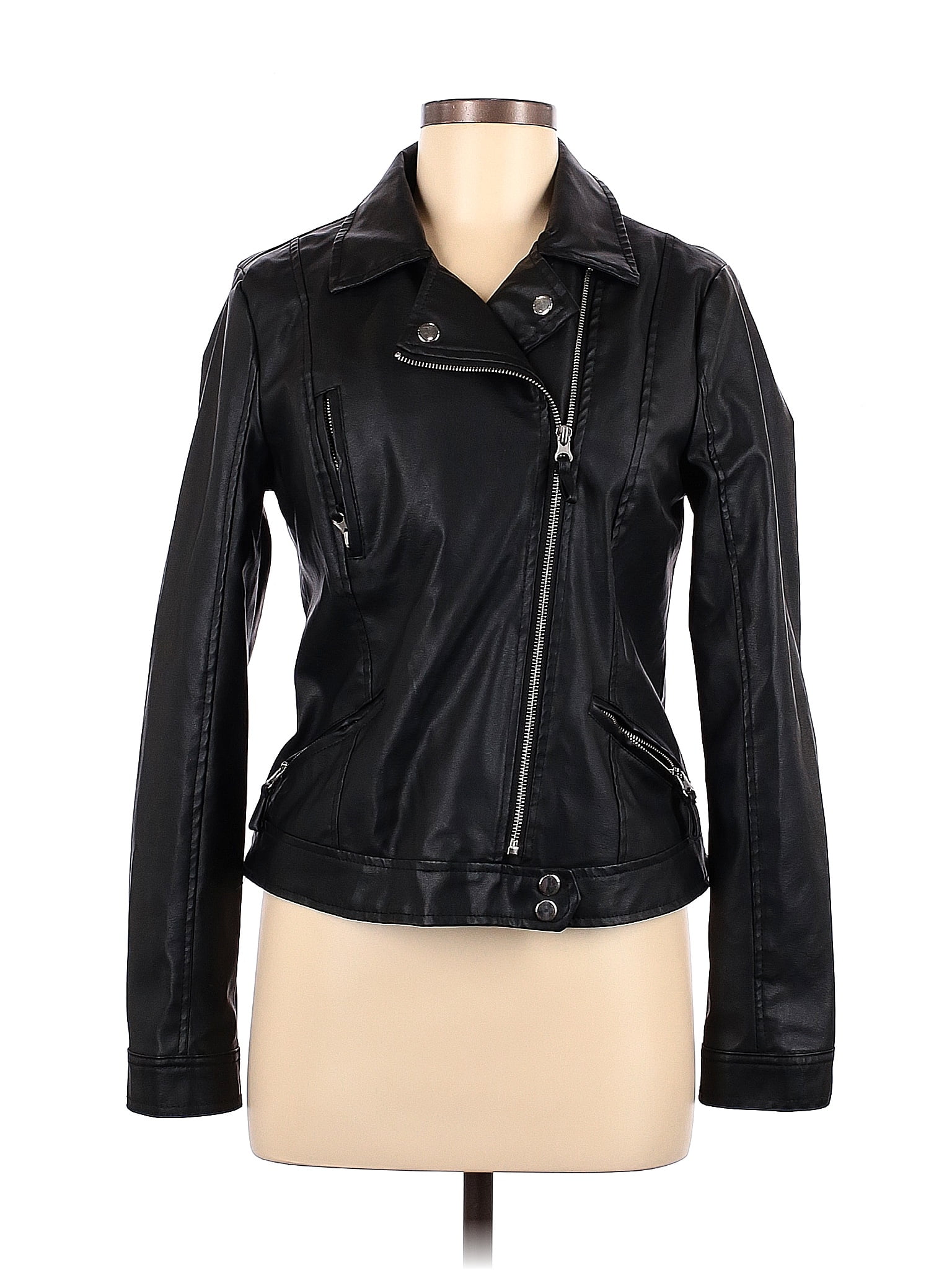 Miss Selfie 100 Polyurethane Solid Black Faux Leather Jacket Size M