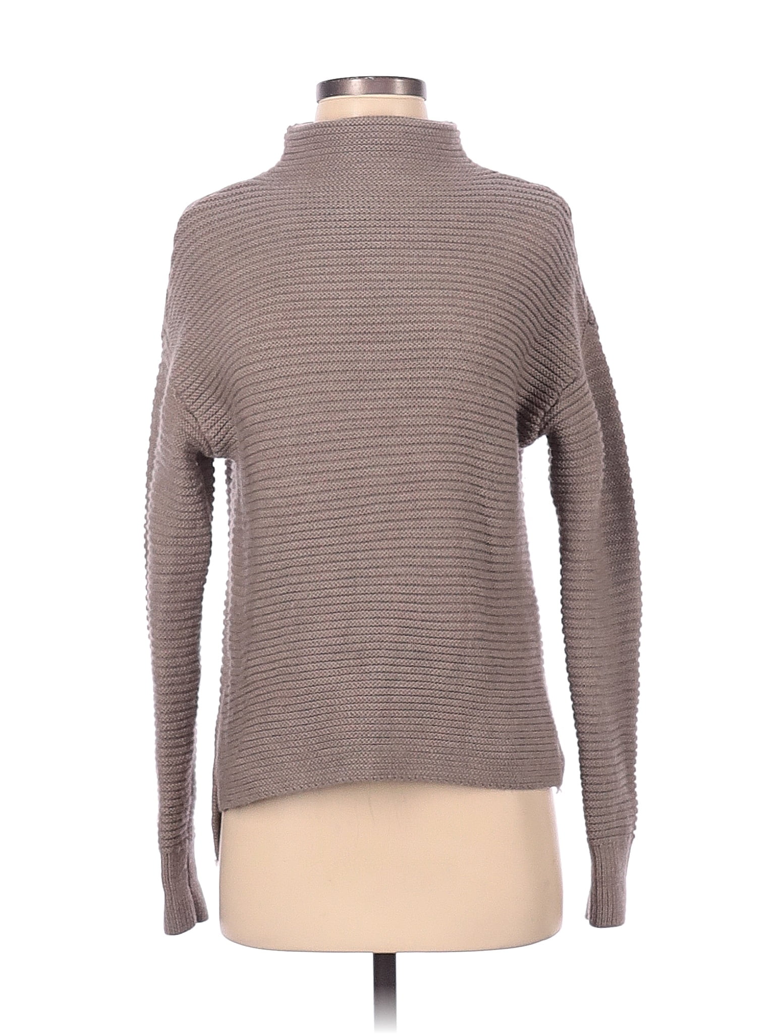 Athleta Merino Color Block Solid Tan Gray Turtleneck Sweater Size