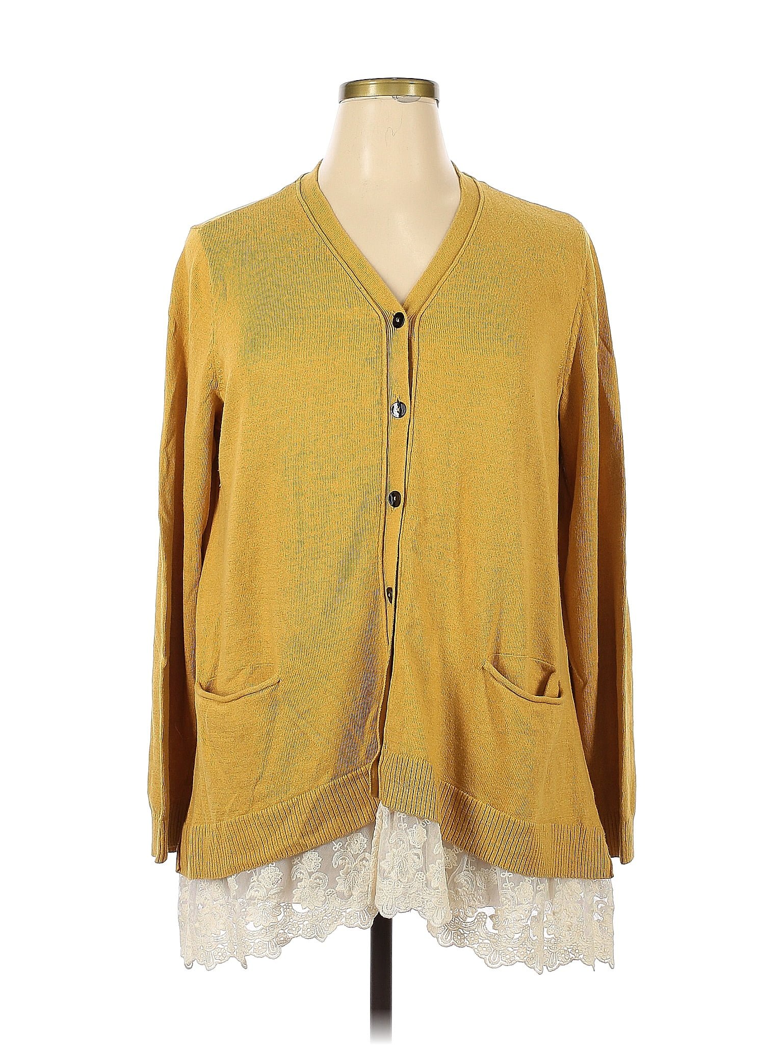 Logo By Lori Goldstein Color Block Solid Yellow Cardigan Size Xl