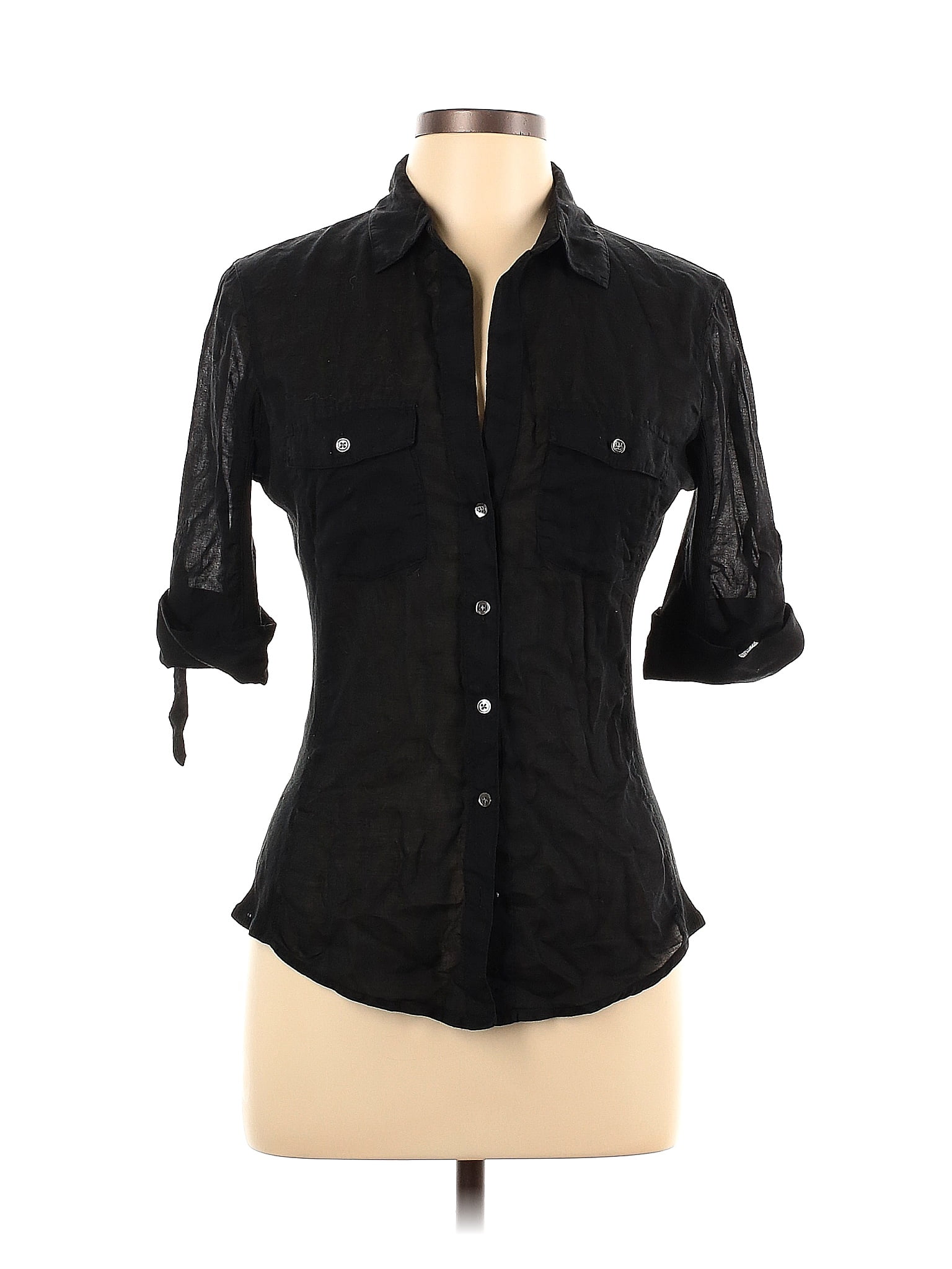 James Perse Cotton Solid Black Short Sleeve Button Down Shirt Size