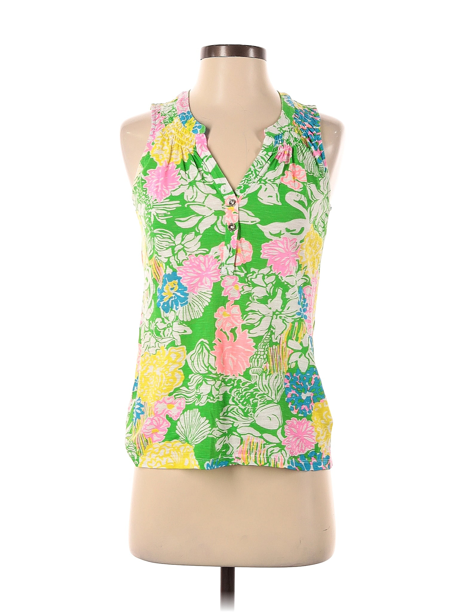 Lilly Pulitzer Cotton Floral Green Sleeveless Top Size Xs