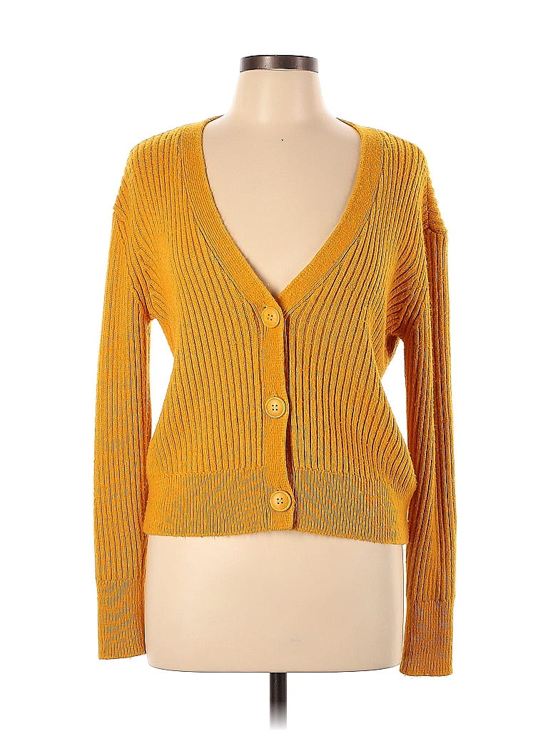 Halogen Color Block Solid Orange Yellow Yellow Ribbed Cardigan Size L