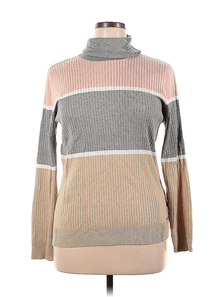 Calvin Klein Color Block Stripes Multi Color Tan Turtleneck Sweater