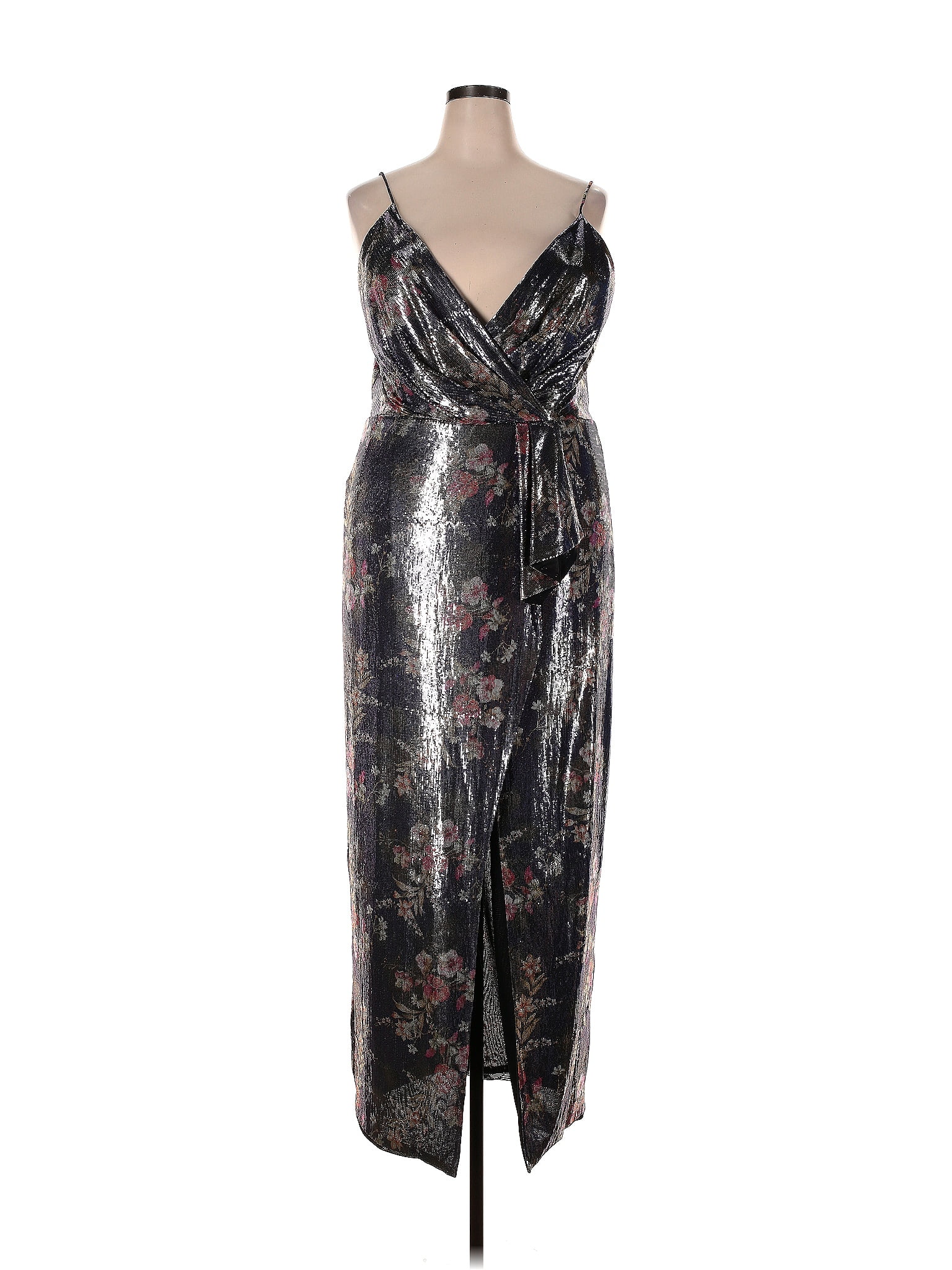 Ml Monique Lhuillier Nylon Floral Multi Color Silver Floral Sequin