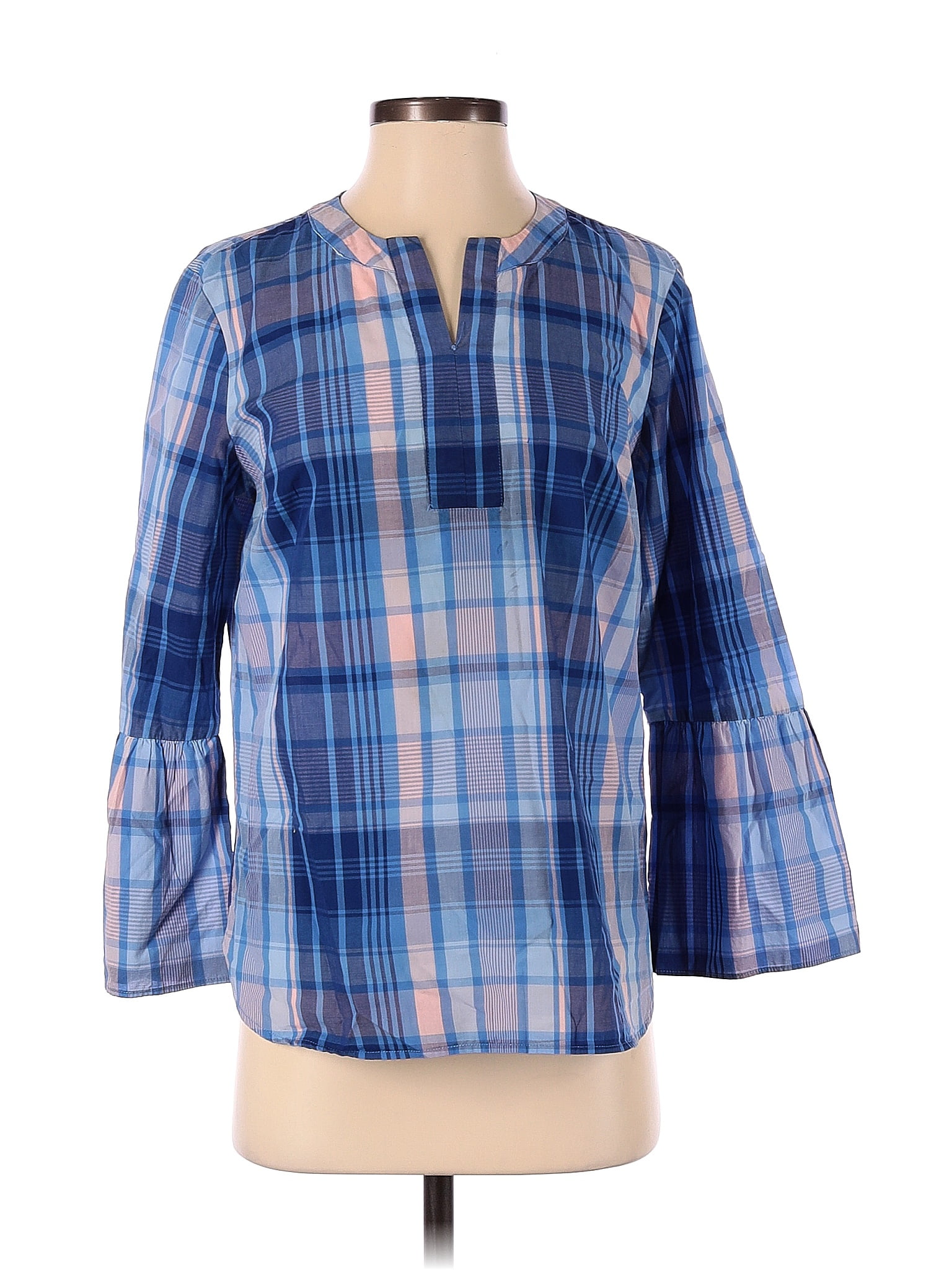 Talbots 100 Cotton Checkered Gingham Plaid Blue Long Sleeve Blouse