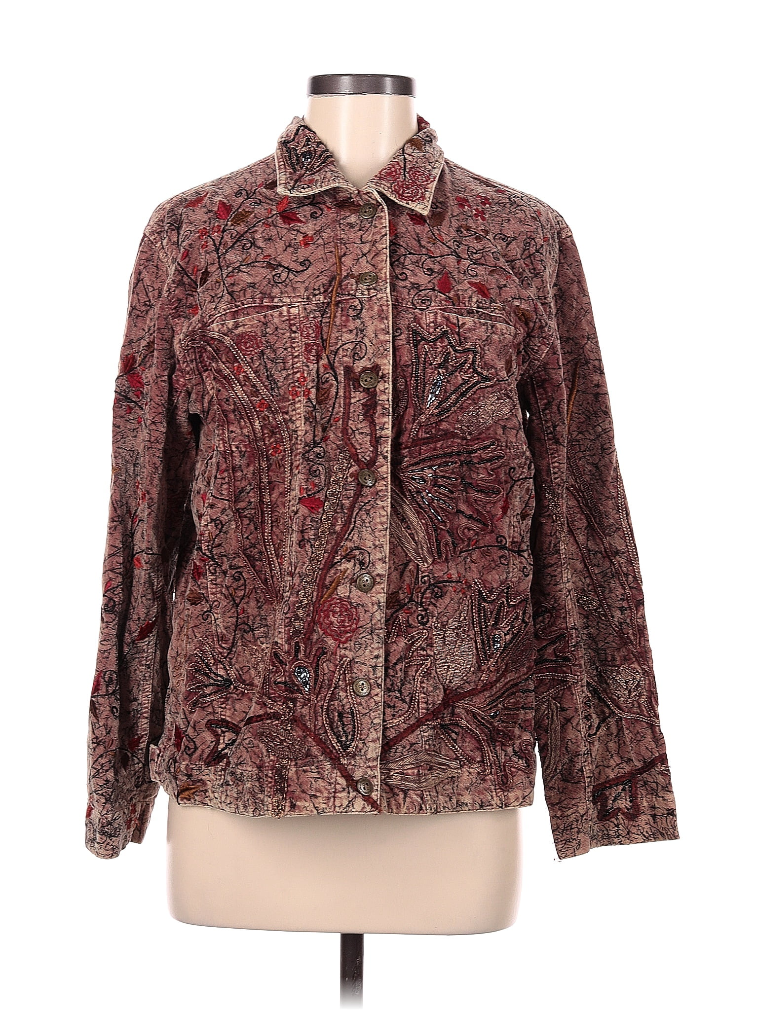 Chico S Design Cotton Paisley Multi Color Burgundy Jacket Size Med