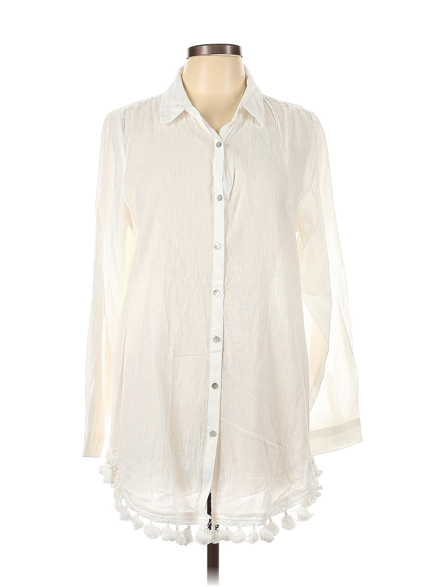 St Tropez West Cotton Solid White Ivory Long Sleeve Blouse Size L