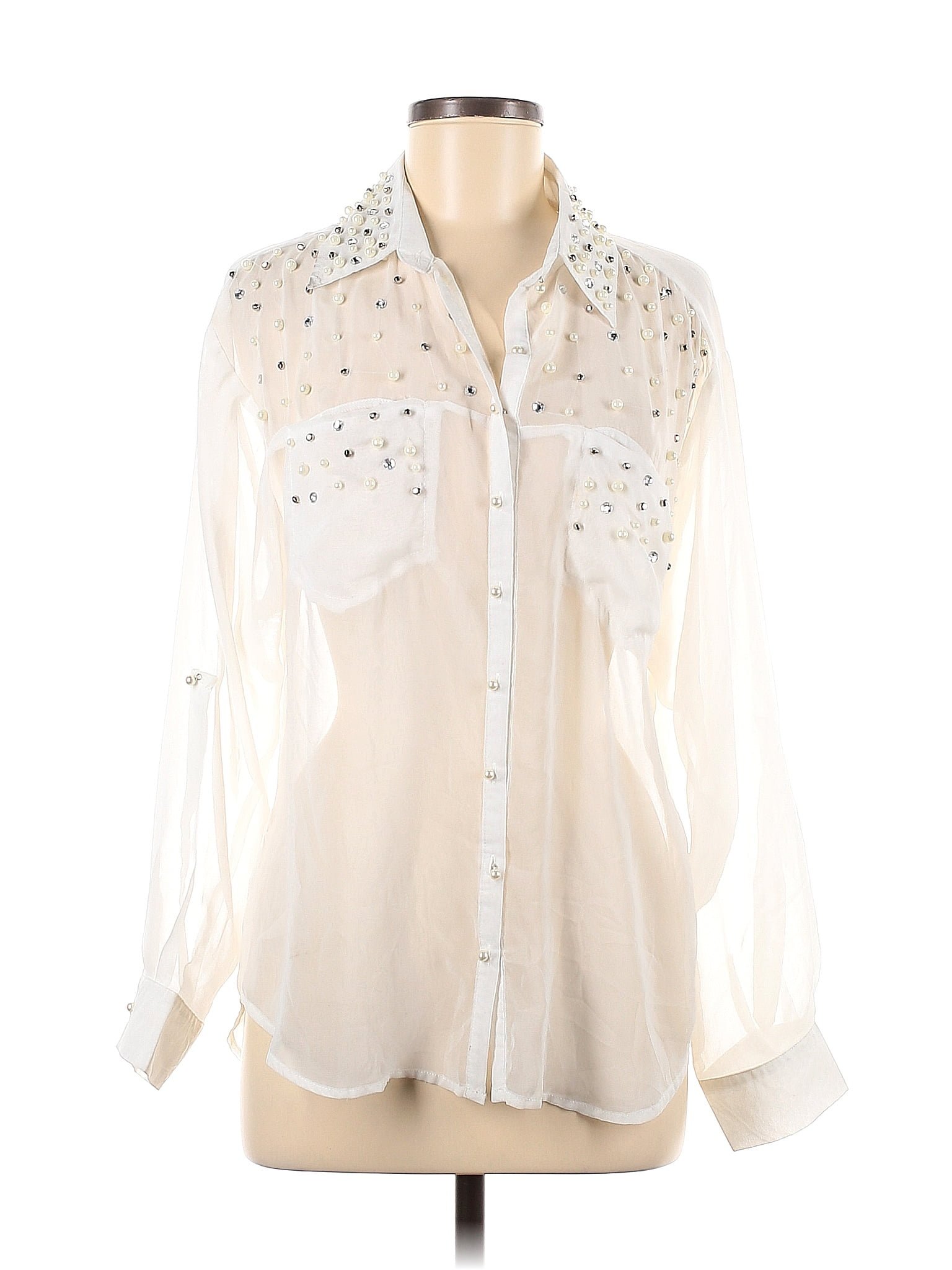 Penelope Polyester Polka Dots White Ivory Long Sleeve Blouse Size