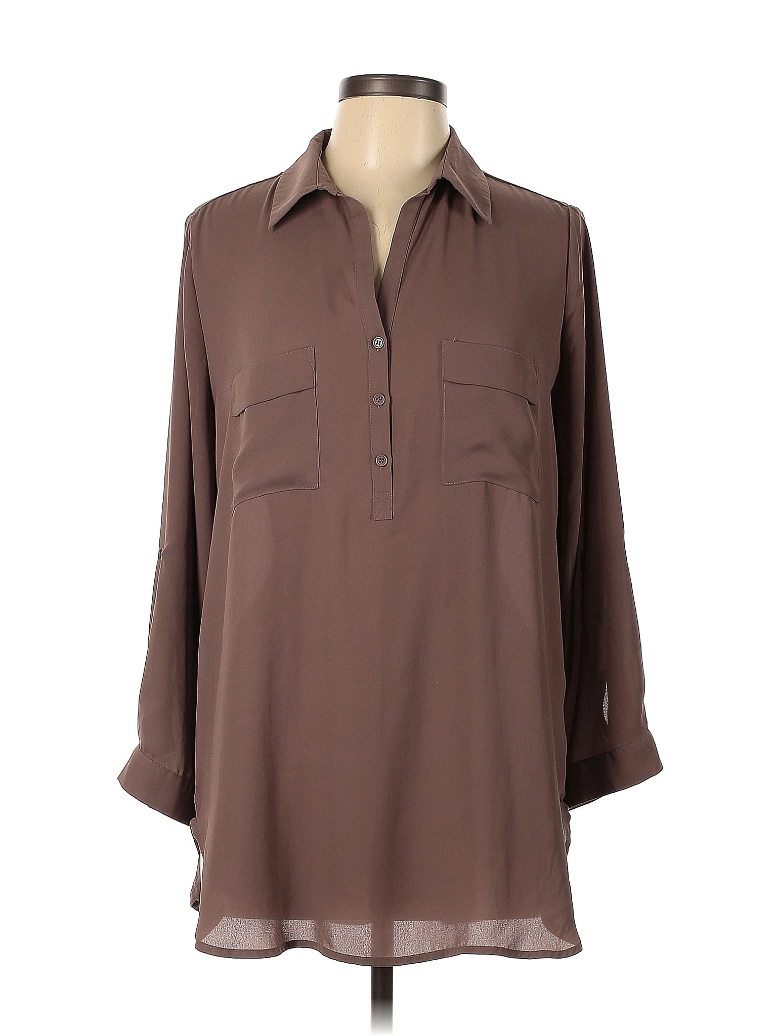 Pleione 100 Polyester Solid Brown Long Sleeve Blouse Size L 45 Off