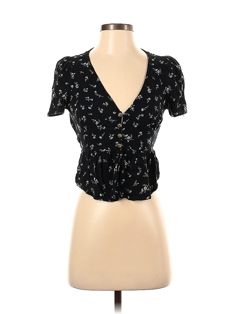 Wild Fable Rayon Floral Black Short Sleeve Blouse Size S Off