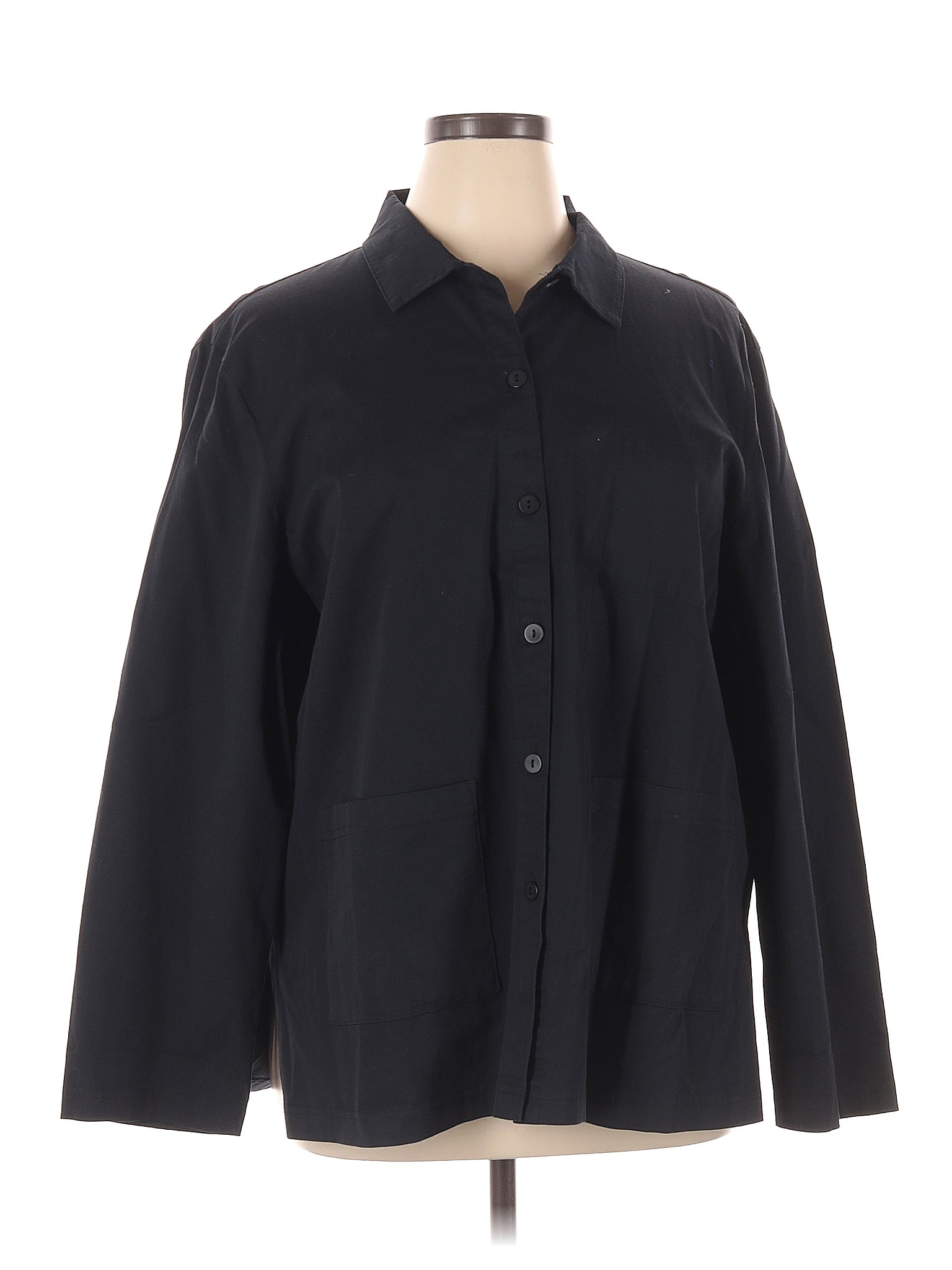 Eileen Fisher Solid Black Long Sleeve Button Down Shirt Size X Plus