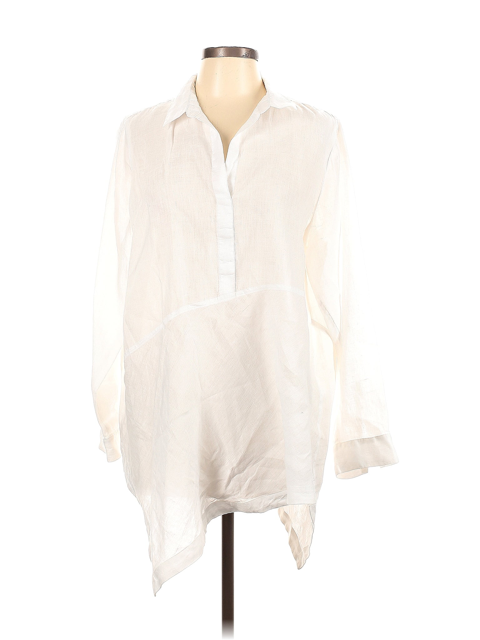 J Jill 100 Linen Solid White Ivory Long Sleeve Blouse Size L Petite