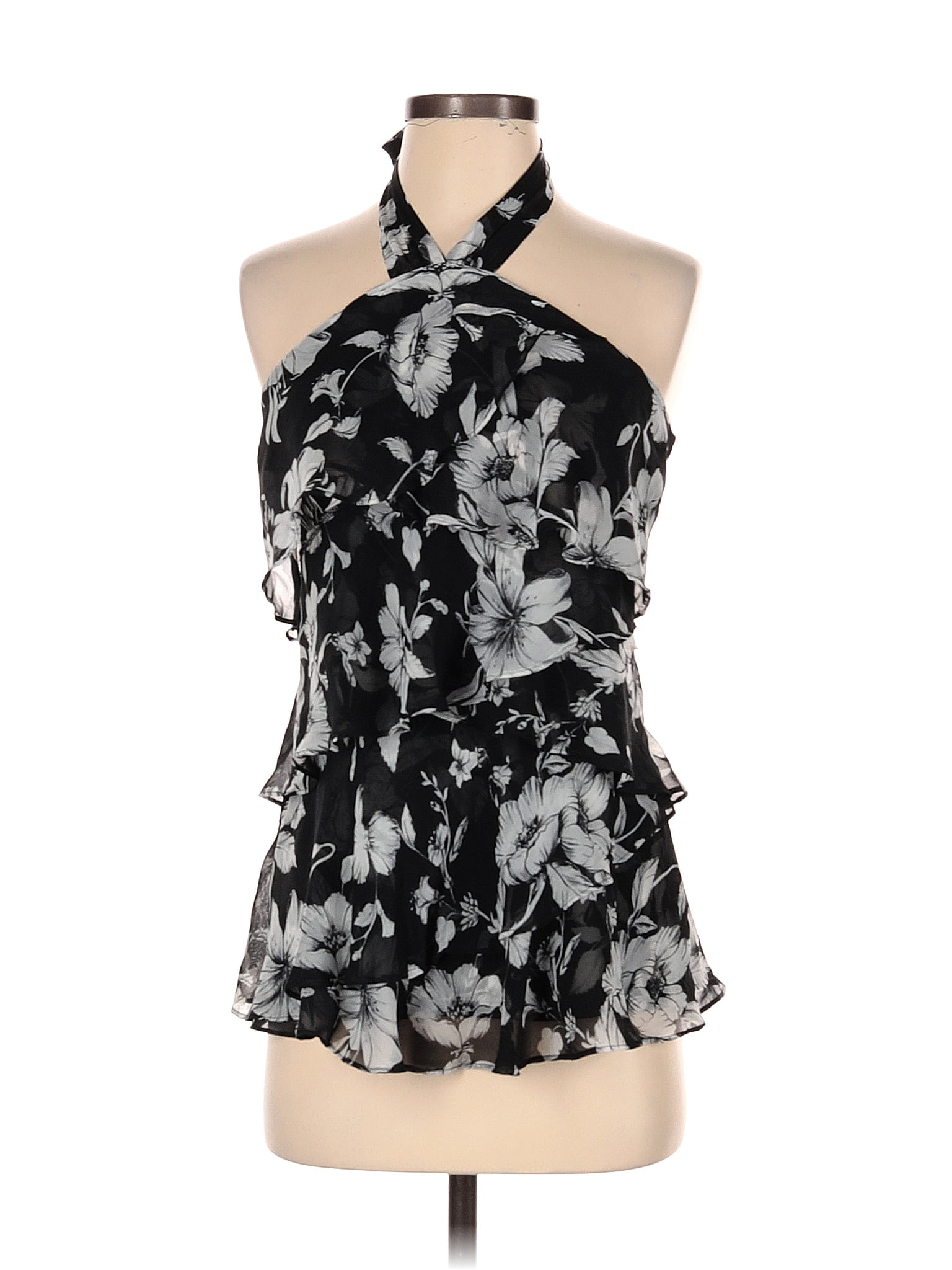 White House Black Market Floral Black Sleeveless Blouse Size Xs