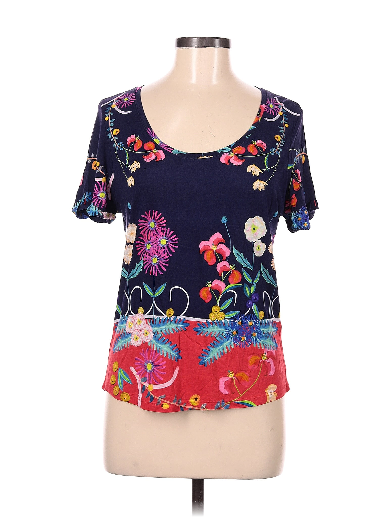 Desigual Floral Multi Color Blue Short Sleeve Blouse Size M 69 Off