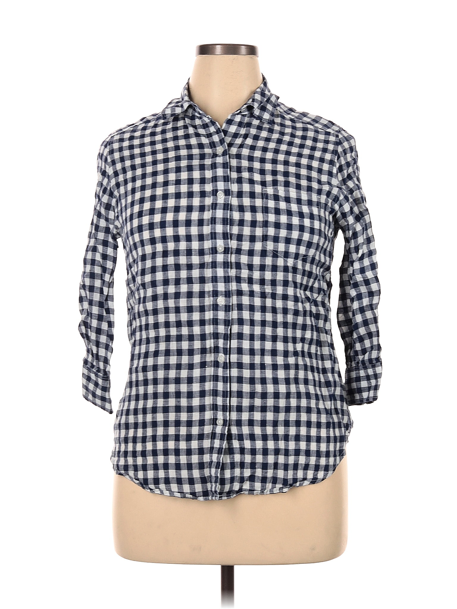 Uniqlo 100 Linen Checkered Gingham Multi Color Blue 3 4 Sleeve Button