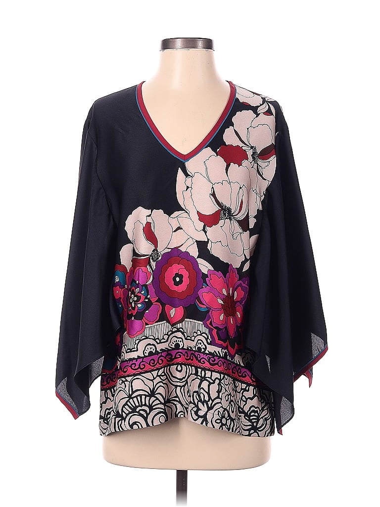 Trina Turk 100 Polyester Color Block Floral Black Long Sleeve Blouse