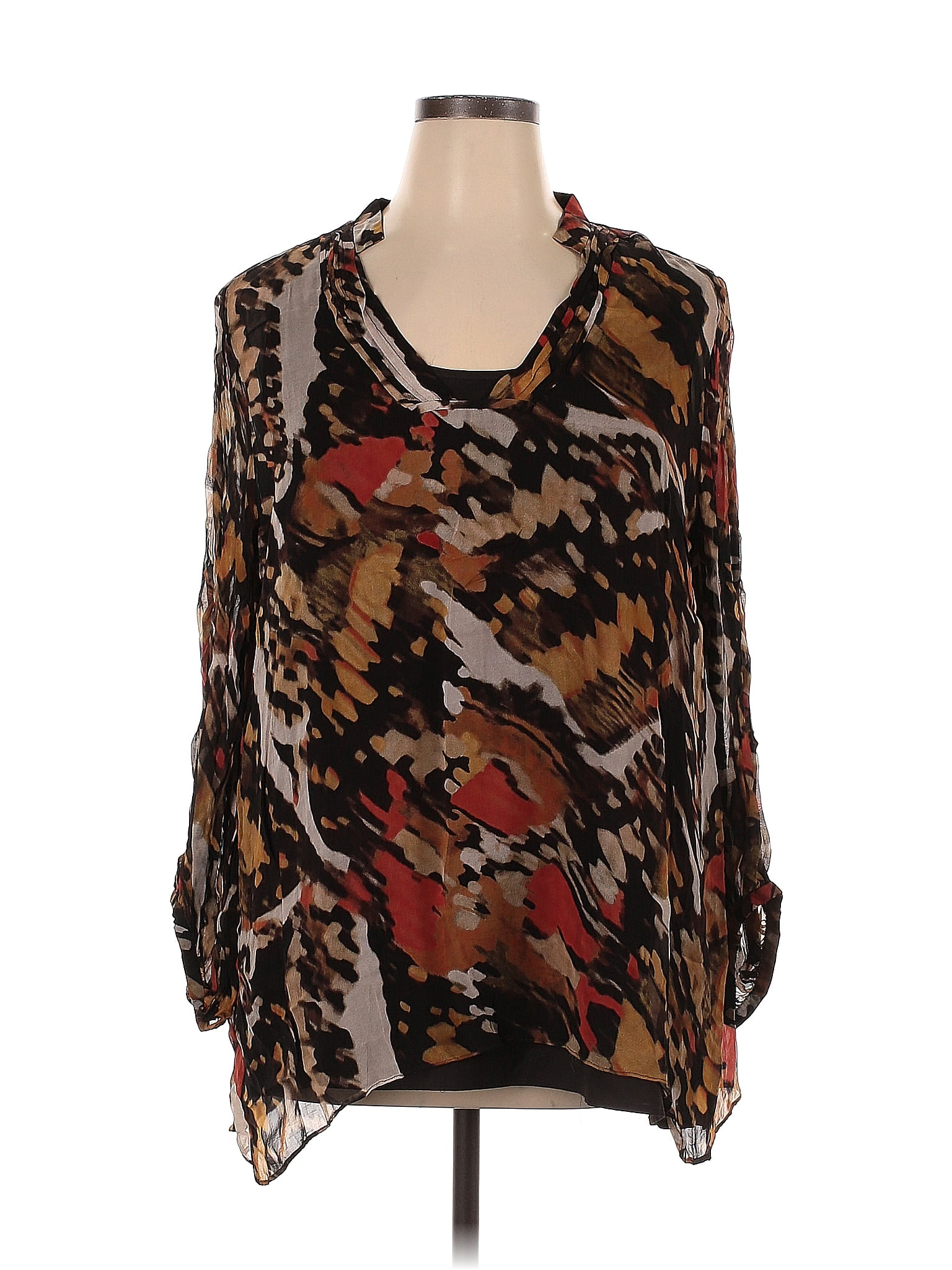 Black Label By Chico S Rayon Print Brown Long Sleeve Blouse Size