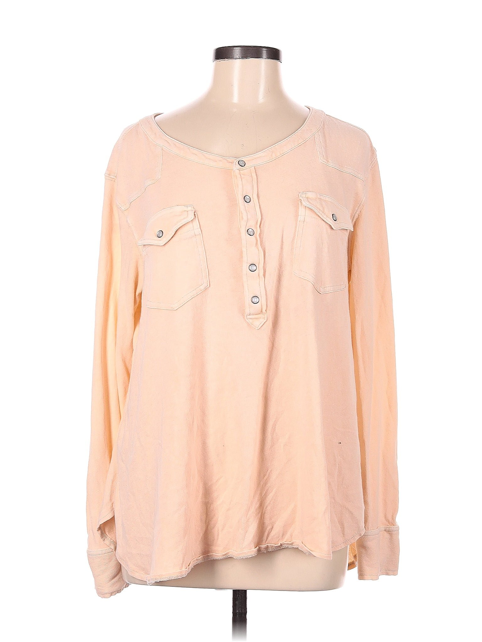 Free People Cotton Orange Pink Long Sleeve Henley Size M Off