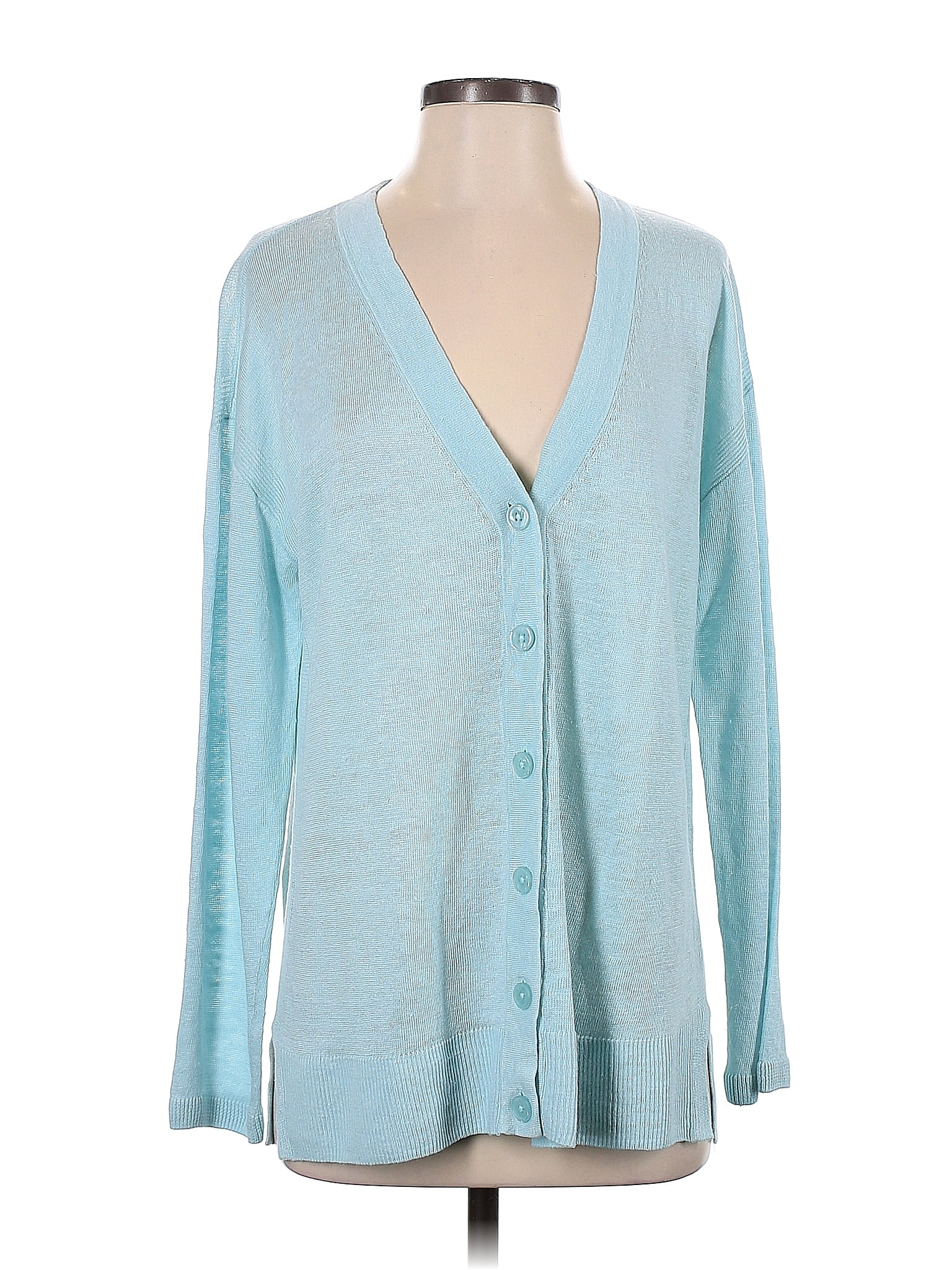 Talbots 100 Linen Color Block Solid Blue Cardigan Size M 79 Off