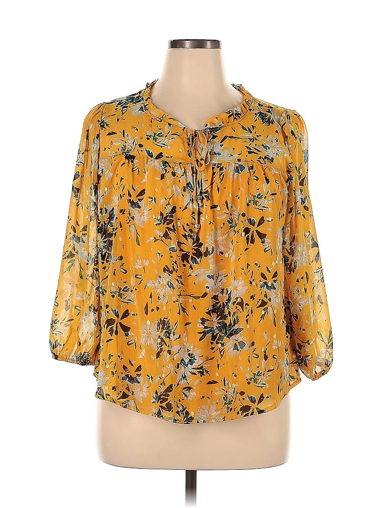 Adrienne Vittadini Polyester Floral Yellow Long Sleeve Blouse Size