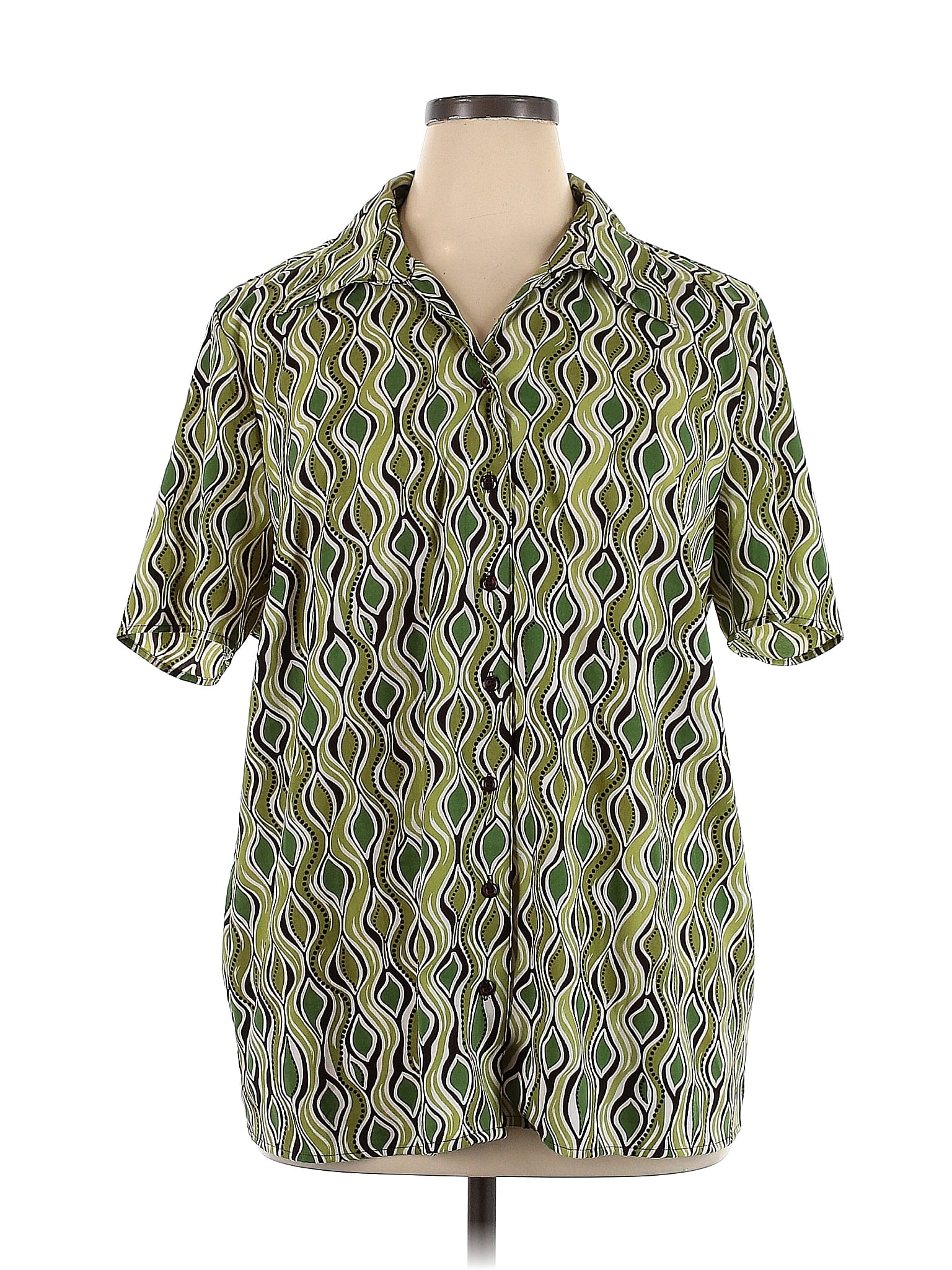 Maggie Barnes Graphic Green Short Sleeve Button Down Shirt Size X