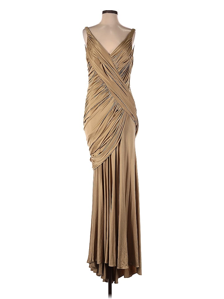 Carmen Marc Valvo Collection 100 Silk Tan Cocktail Dress Size S 82