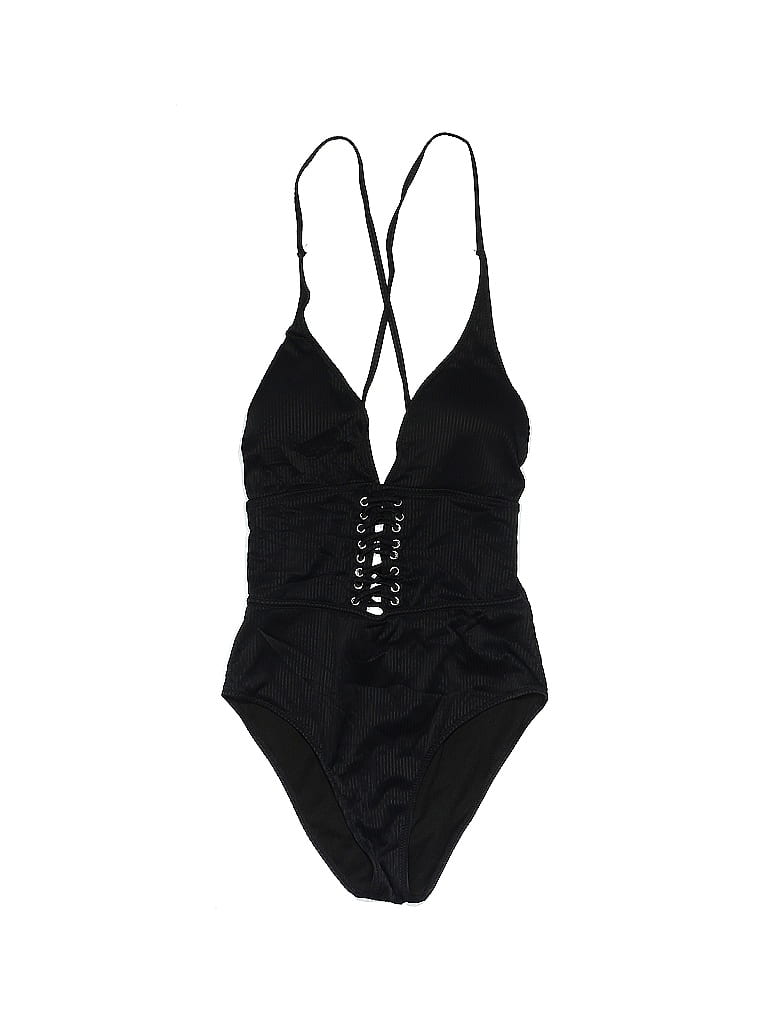 Tini Bikini Jacquard Solid Grid Graphic Brocade Black One Piece