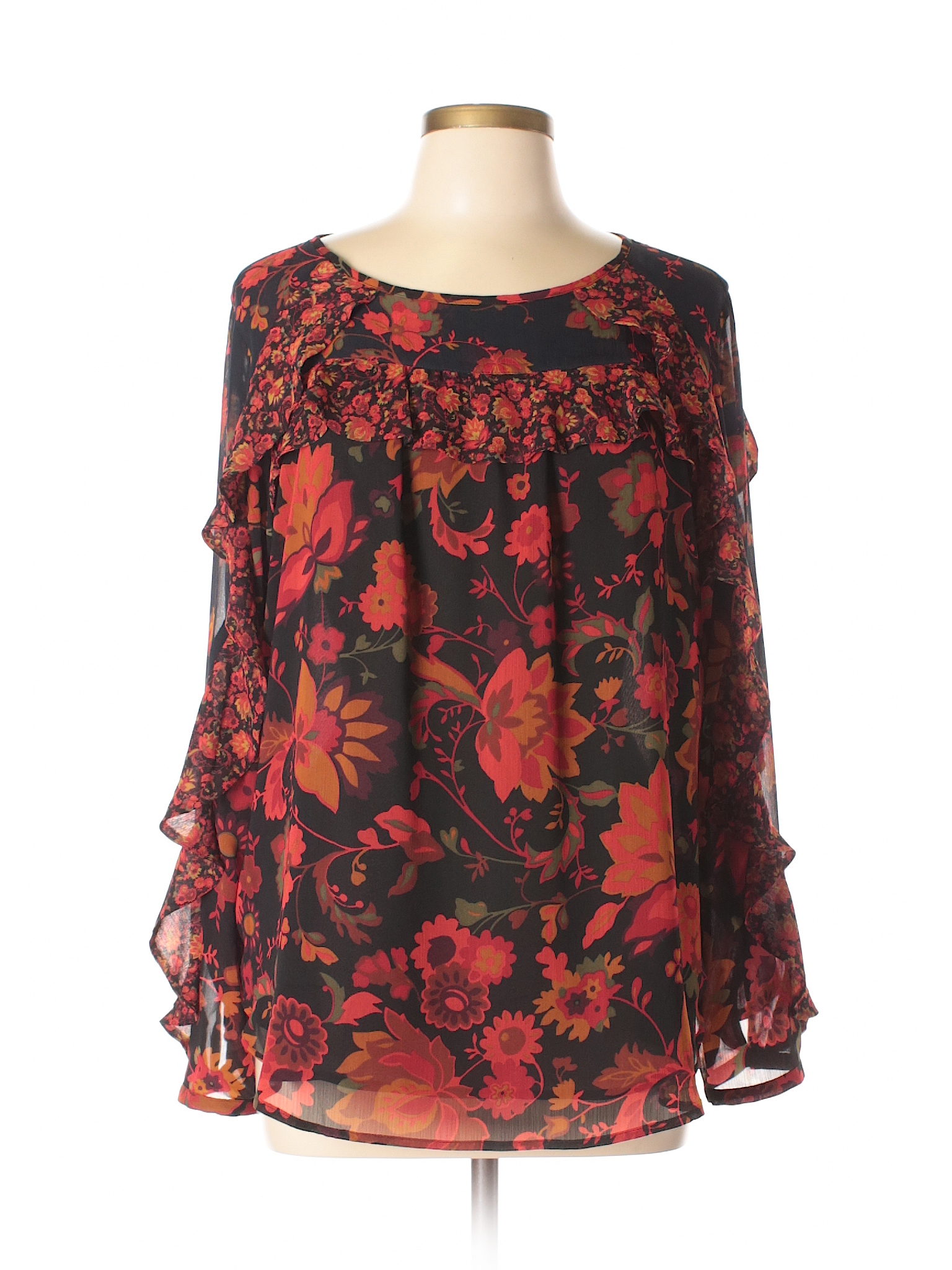 Ann Taylor Loft 100 Polyester Floral Multi Color Red Long Sleeve