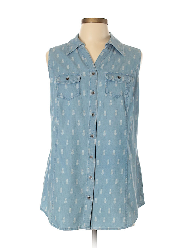 Style&Co Print Light Blue Sleeveless Button-Down Shirt Size 0X (Plus ...
