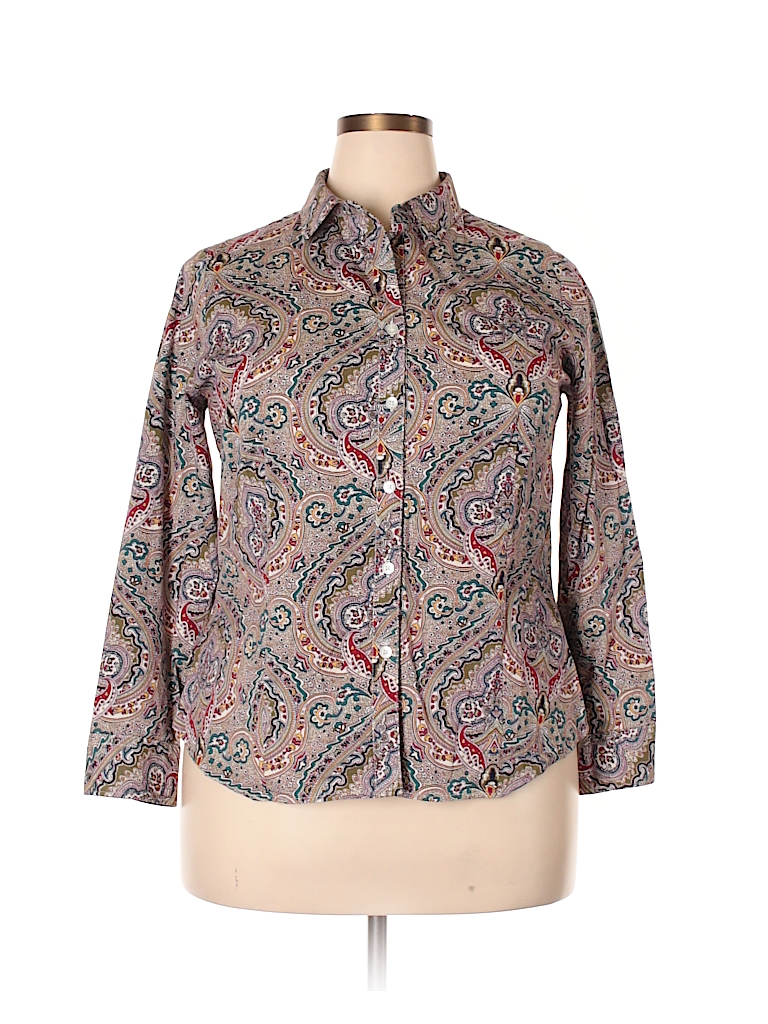 Talbots Outlet 100% Cotton Print Tan Long Sleeve Button-Down Shirt Size ...