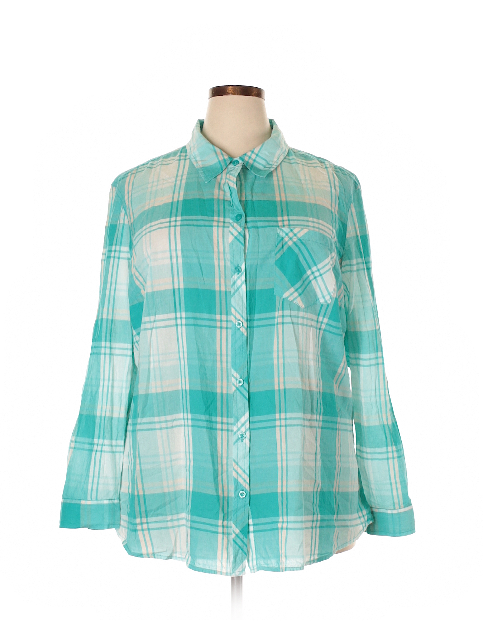 Faded Glory 100% Cotton Plaid Light Blue Long Sleeve Button-Down Shirt ...