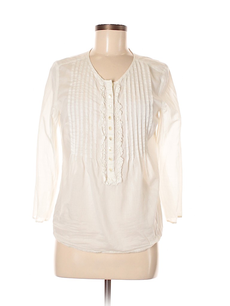 Ann Taylor LOFT 100% Cotton Stripes White Long Sleeve Button-Down Shirt ...