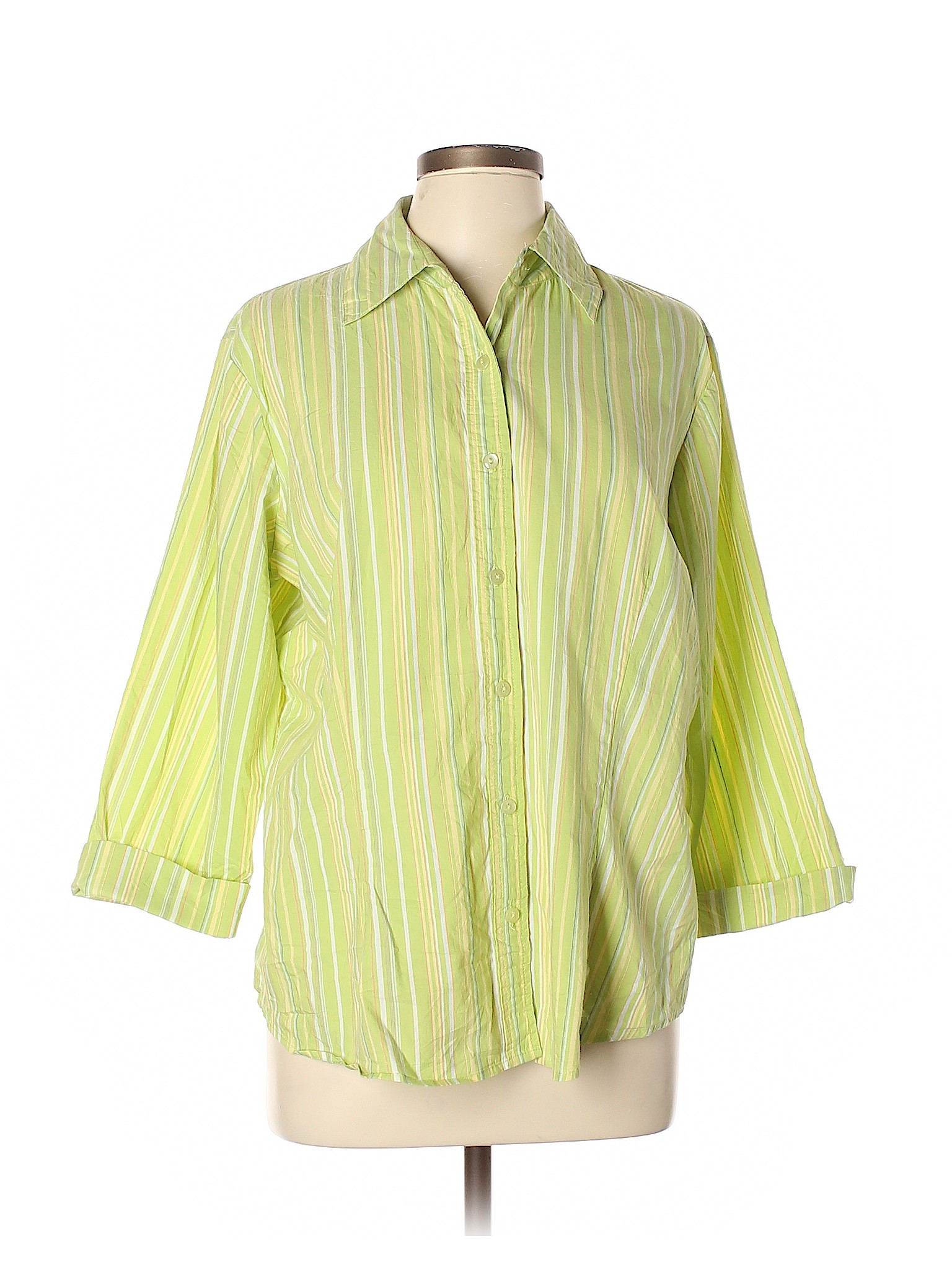 Coldwater Creek Stripes Light Green 3/4 Sleeve Button-Down Shirt Size ...