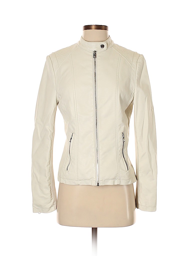 Black Rivet 100 Polyurethane Solid Ivory Faux Leather Jacket Size S Black Rivet