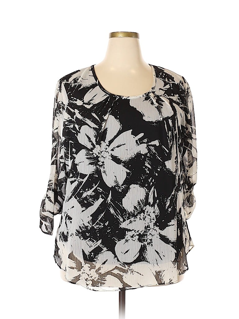 Keren Hart 100% Polyester Print Black 3/4 Sleeve Button-Down Shirt Size ...